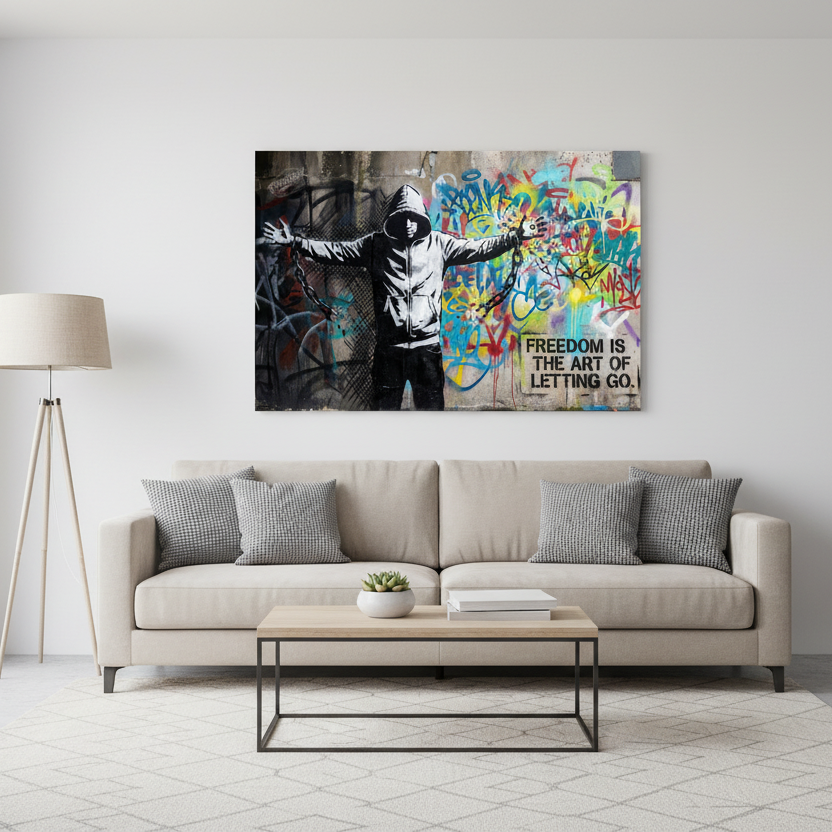 Freedom Is the Art of Letting Go Banksy-style graffiti canvas wall art with hooded figure breaking chains displayed above a sofa in a bright modern living room - Portugal Canvas Co


