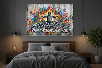 Bedroom: From the Ashes We Rise Banksy-style graffiti canvas wall art with hooded figure, flames and colourful flowers displayed above a bed in a moody modern bedroom - Portugal Canvas Co