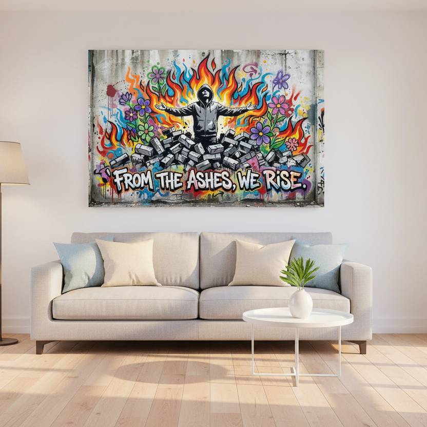 From the Ashes We Rise Banksy-style graffiti canvas wall art with hooded figure, flames and colourful flowers displayed above a sofa in a bright modern living room - Portugal Canvas Co

