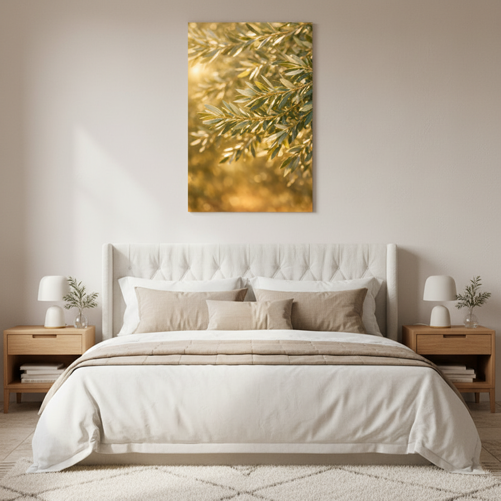 Golden olive branches at sunset canvas wall art in bedroom interior - Portugal Canvas Co