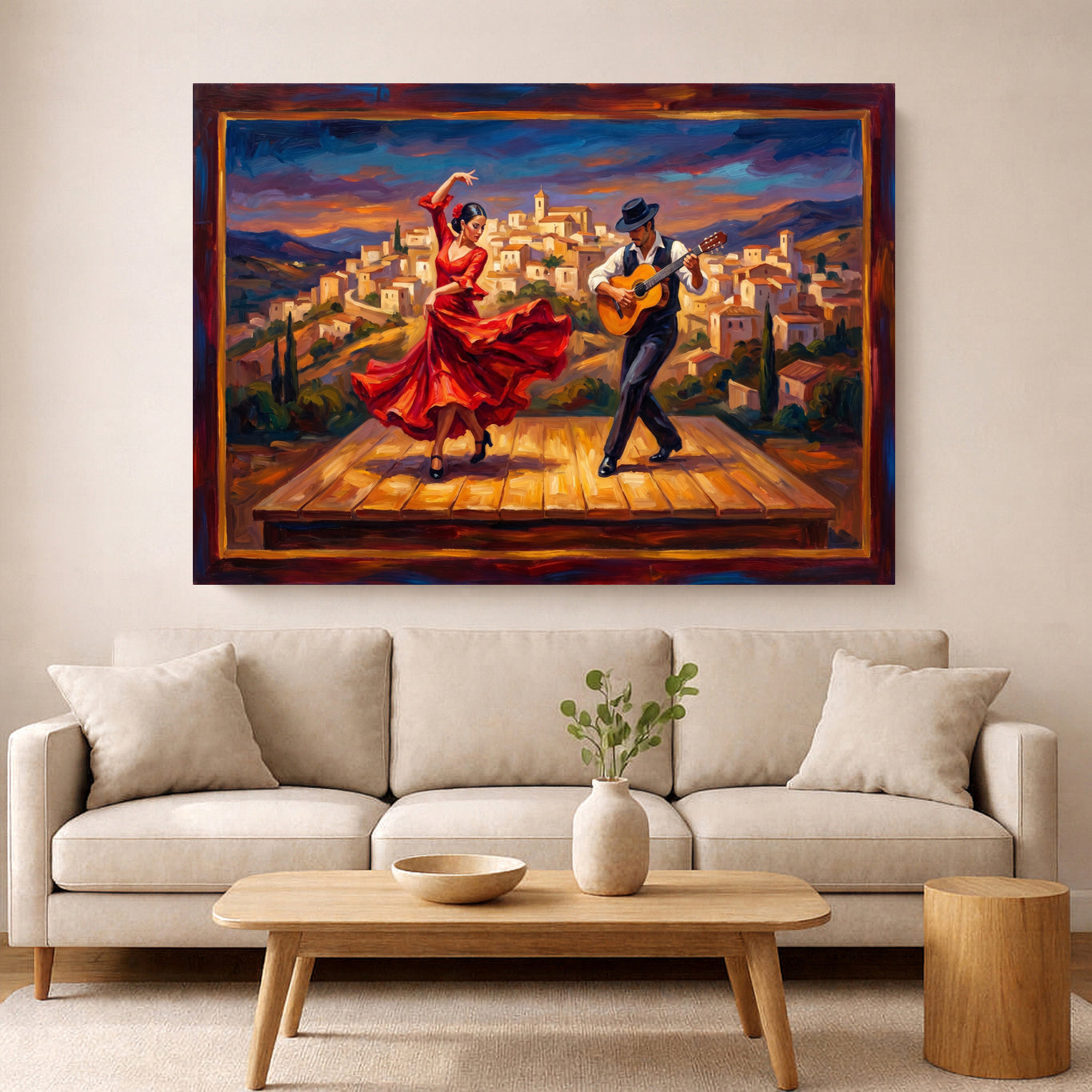 Flamenco dancer in a red dress performing beside a guitarist on a village stage, framed canvas displayed above a beige sofa in a warm modern living room.
