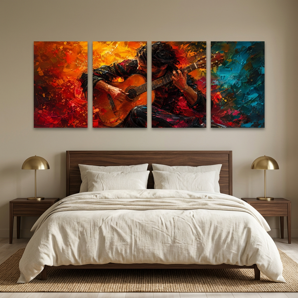 Guitarist Canvas Wall Art – Red, Orange & Teal 4-Panel Set