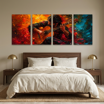Guitarist Canvas Wall Art – Red, Orange & Teal 4-Panel Set
