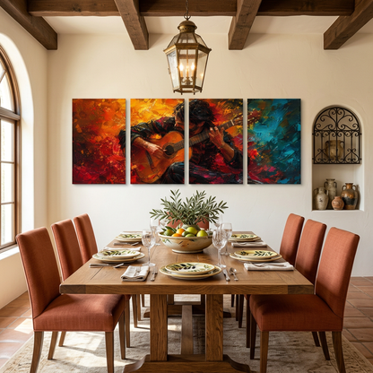 Guitarist Canvas Wall Art – Red, Orange & Teal 4-Panel Set
