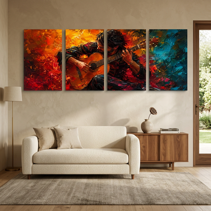 Guitarist Canvas Wall Art – Red, Orange & Teal 4-Panel Set