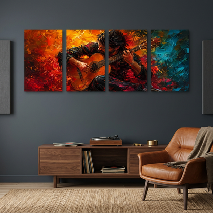 Guitarist Canvas Wall Art – Red, Orange & Teal 4-Panel Set