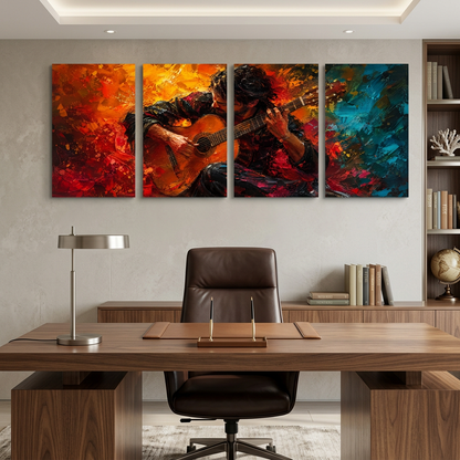Guitarist Canvas Wall Art – Red, Orange & Teal 4-Panel Set