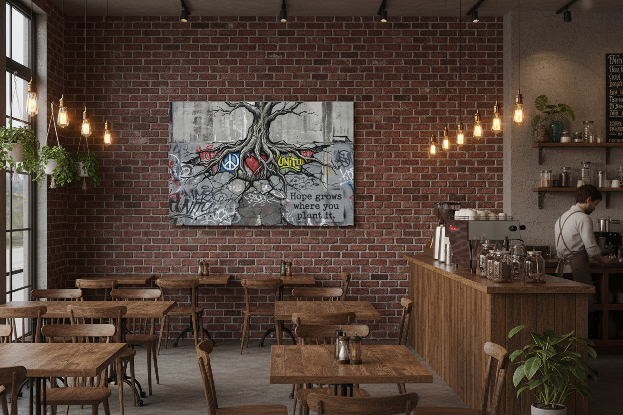 Hope Grows Where You Plant It urban nature graffiti canvas wall art with tree roots, peace sign and unity tags displayed above a sofa in a bright modern living room - Portugal Canvas Co