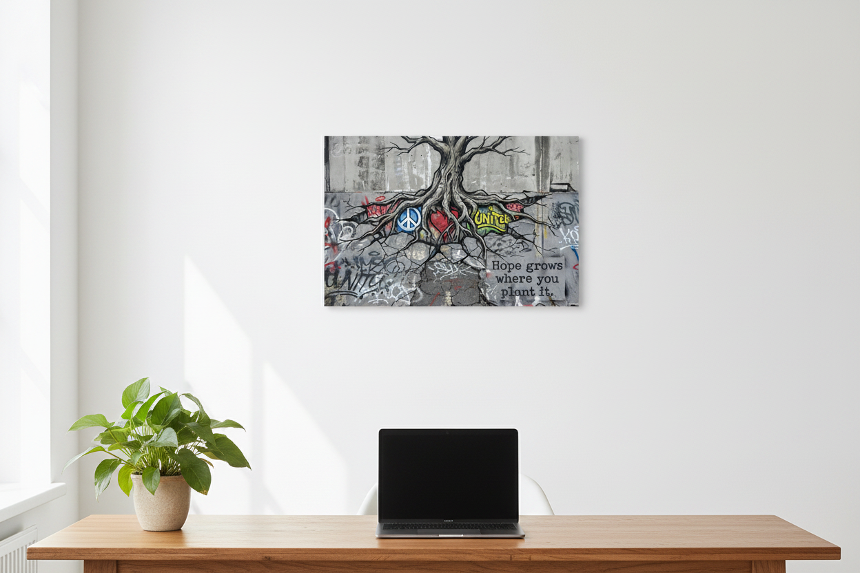 Hope Grows Where You Plant It urban nature graffiti canvas wall art with tree roots, peace sign and unity tags displayed above a desk in a bright modern home office - Portugal Canvas Co