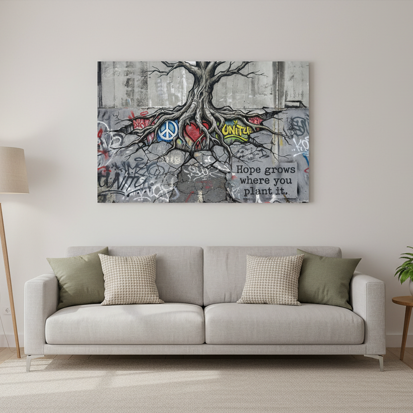 Hope Grows Where You Plant It urban nature graffiti canvas wall art with tree roots, peace sign and unity tags displayed above a sofa in a bright modern living room - Portugal Canvas Co

