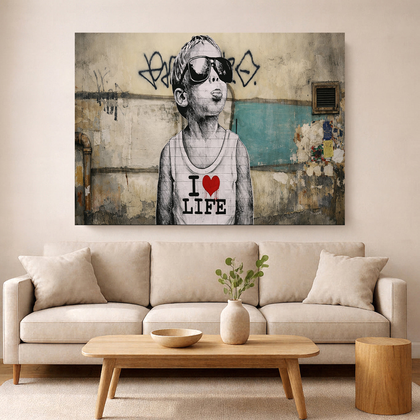 Modern living room with a large Banksy Style abstract painting on the wall above a beige sofa.