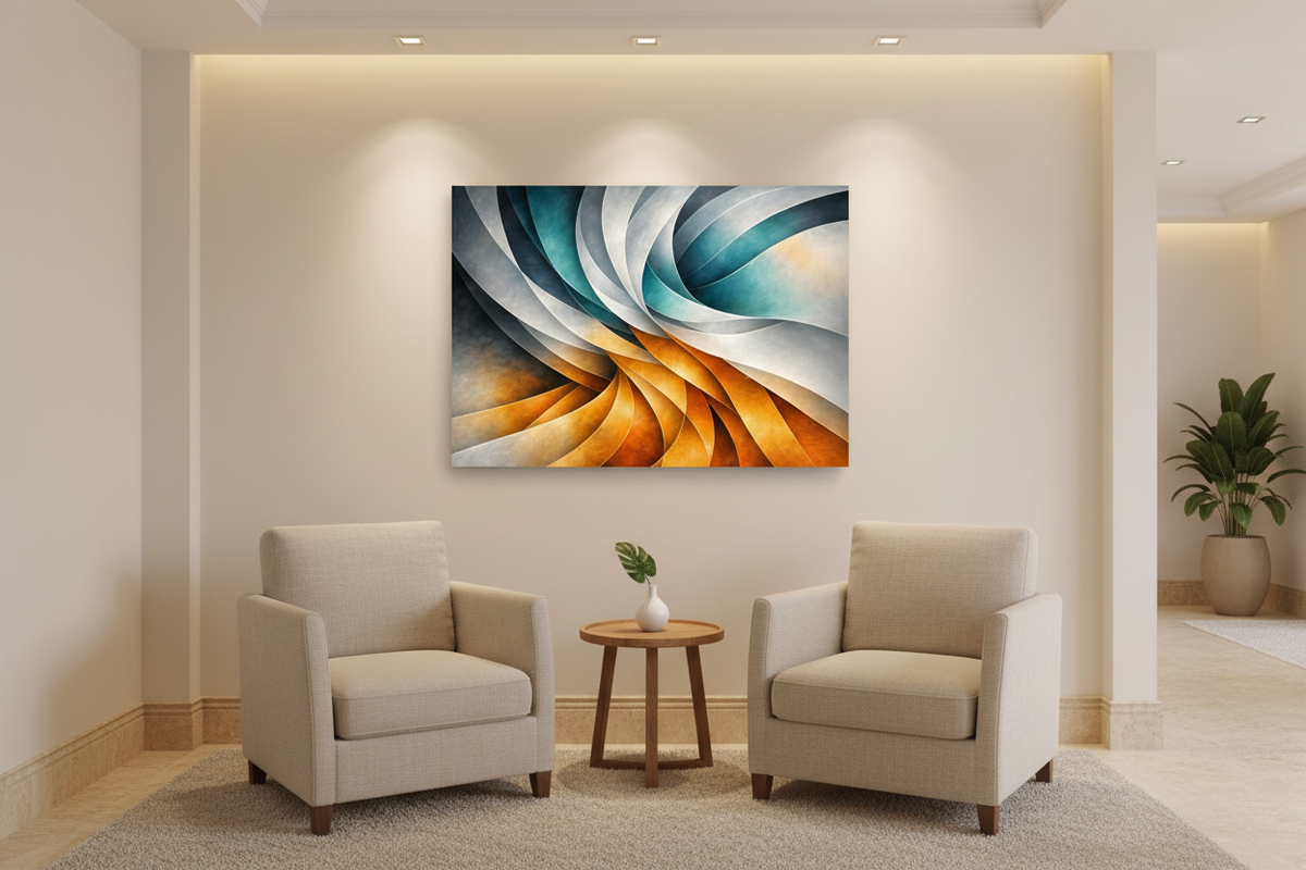 Vibrant abstract swirl canvas wall art with teal blue and golden orange forms in luxury hotel spa waiting area with cream walls and linen chairs - Portugal Canvas Co