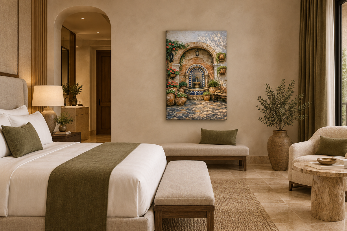 Portrait Mediterranean courtyard fountain canvas with blue mosaic tiles and stone arch in a five-star boutique hotel suite - Portugal Canvas Co