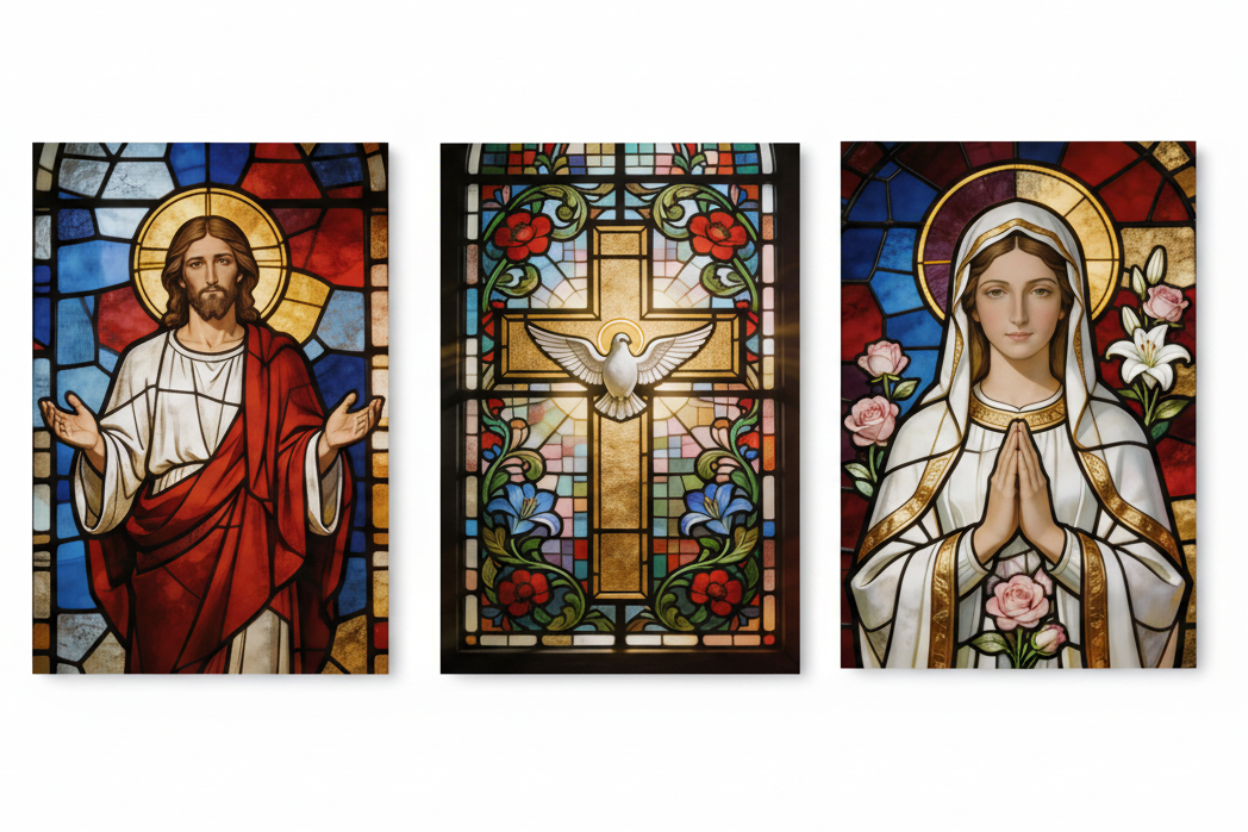 Stained glass religious triptych canvas wall art with Jesus cross and Virgin Mary flat lay on white background top-down view - Portugal Canvas Co