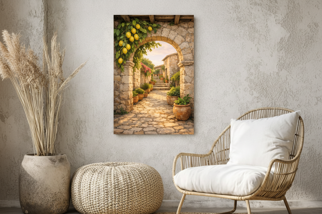 Mediterranean lemon archway canvas print in boho living room with rattan armchair, pampas grass and jute pouf - Portugal Canvas Co