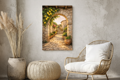 Mediterranean lemon archway canvas print in boho living room with rattan armchair, pampas grass and jute pouf - Portugal Canvas Co