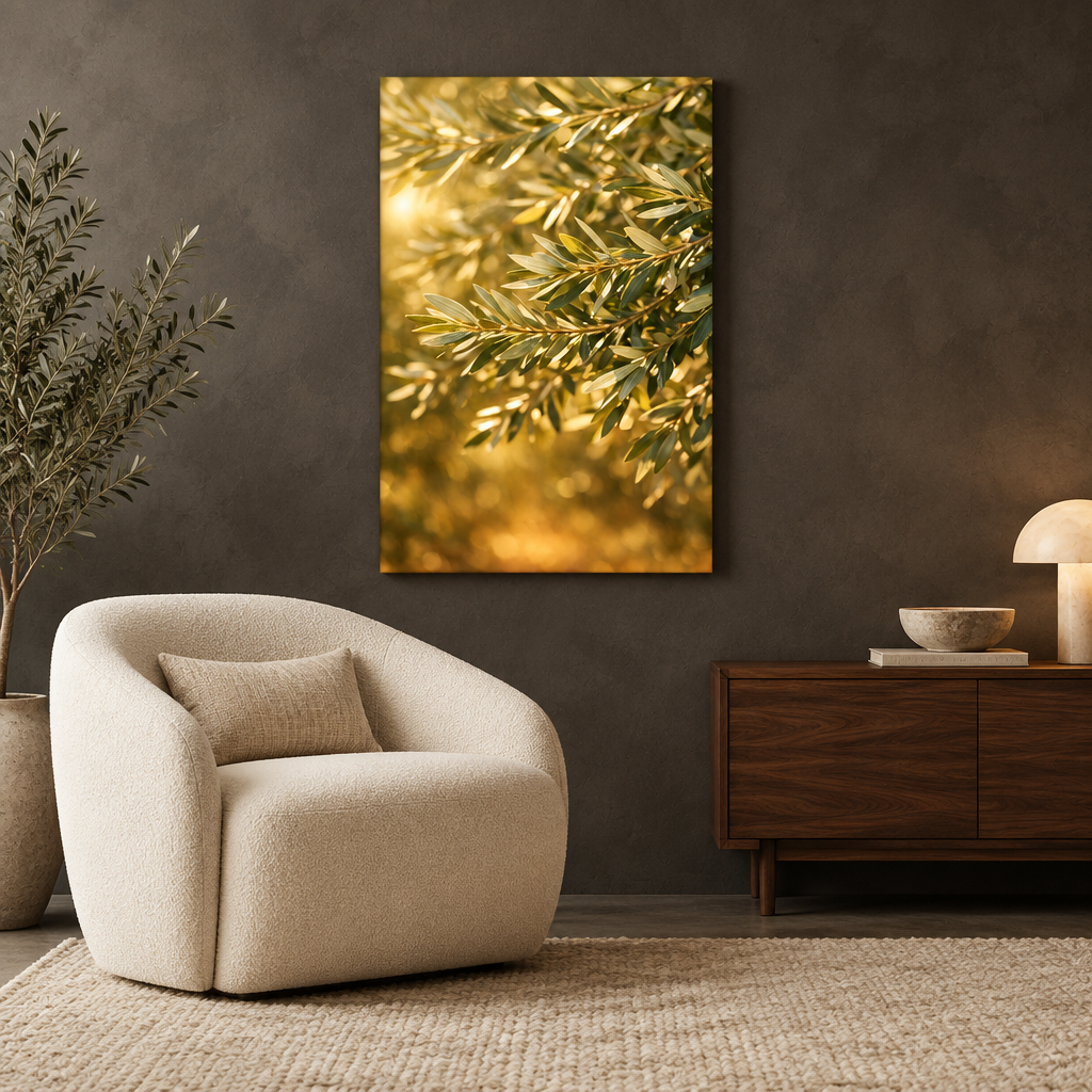 Golden olive branches canvas beside an ivory chair in a charcoal reading lounge - Portugal Canvas Co