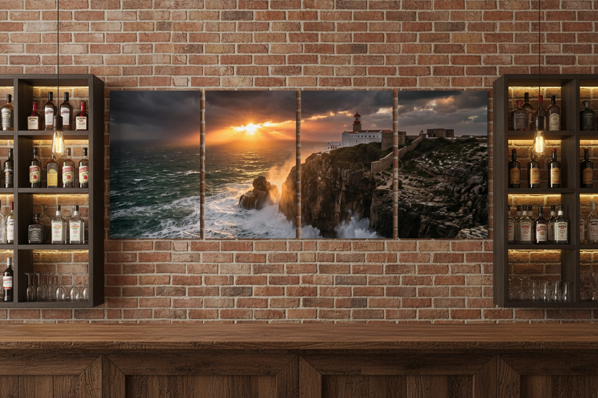 Cabo de São Vicente Lighthouse four-panel canvas wall art displayed in a rustic bar setting with warm ambient lighting - Portugal Canvas Co