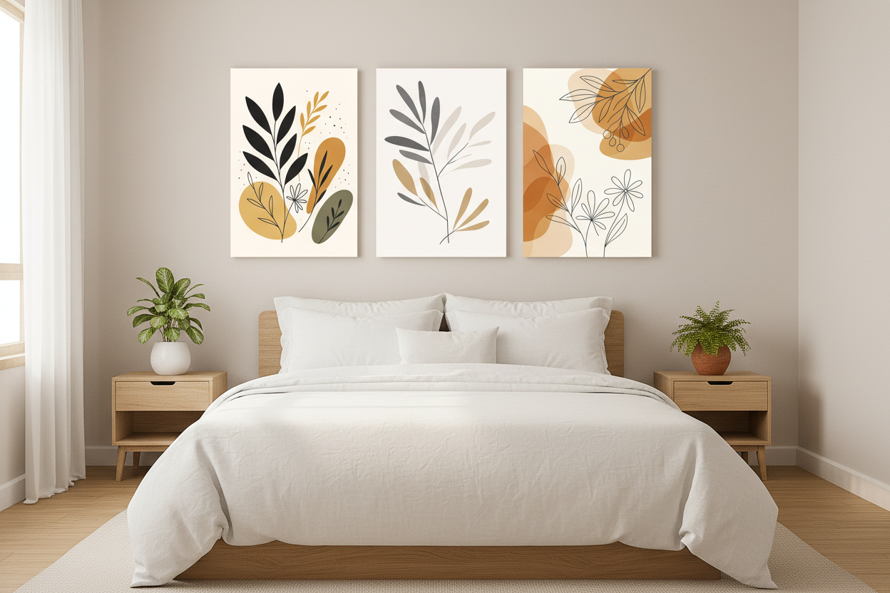 Minimalist boho botanical triptych canvas wall art set displayed above the bed in a bright minimalist bedroom with white linen bedding and light oak nightstands - Portugal Canvas Co