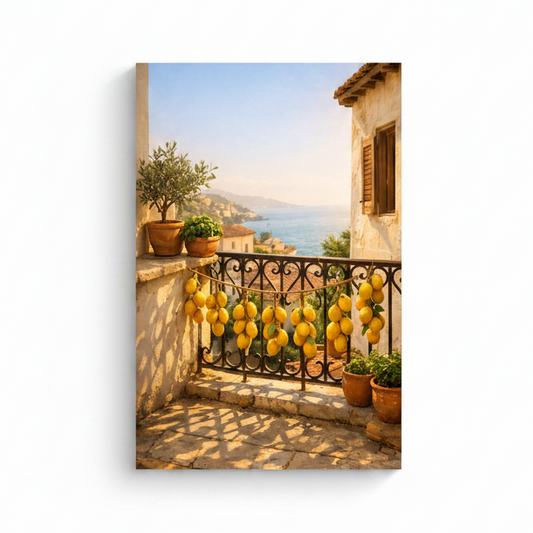 Mediterranean balcony with lemons coastal canvas wall art on white background - Portugal Canvas Co