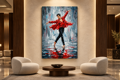 Red shirt male dancer canvas displayed in a luxury hotel lobby - Portugal Canvas Co