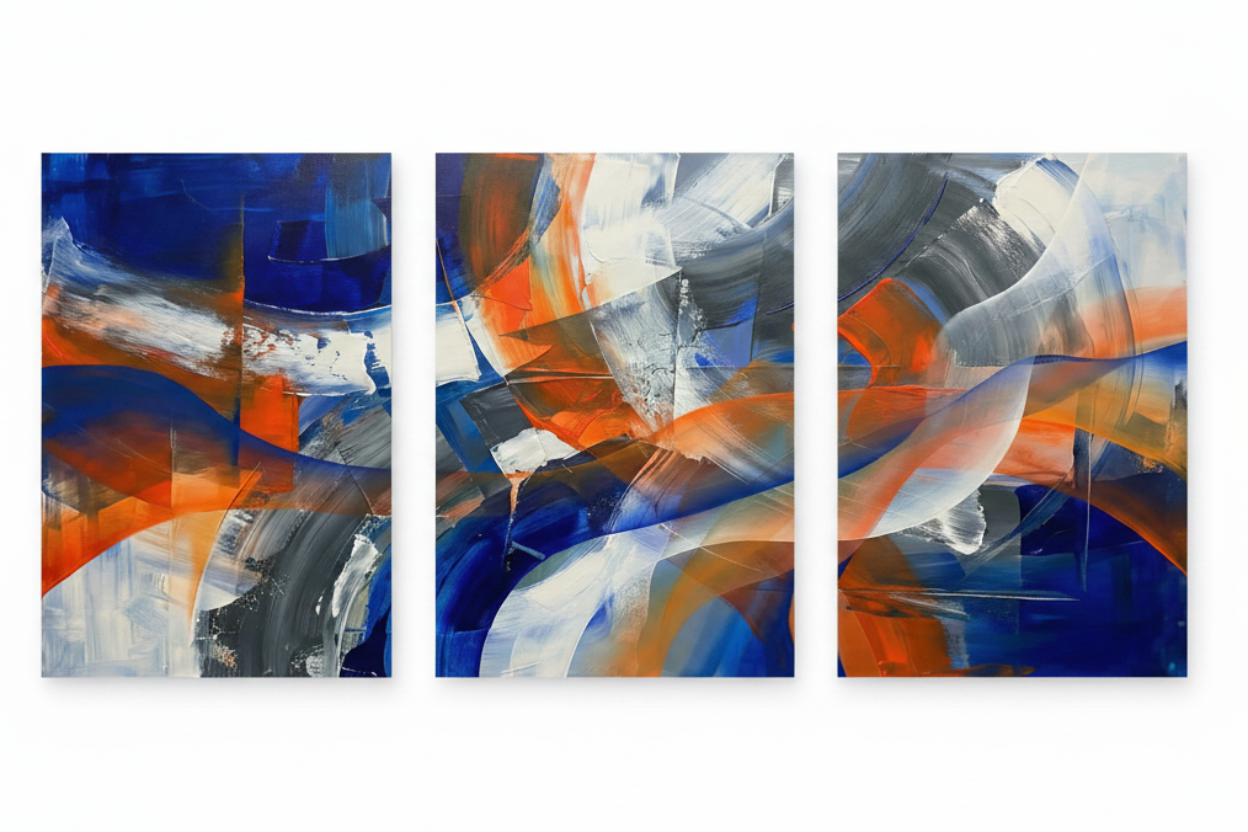 Blue orange abstract brushstroke triptych canvas wall art flat lay on white background showing three portrait panels in cobalt blue orange and white - Portugal Canvas Co