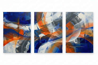 Blue orange abstract brushstroke triptych canvas wall art flat lay on white background showing three portrait panels in cobalt blue orange and white - Portugal Canvas Co