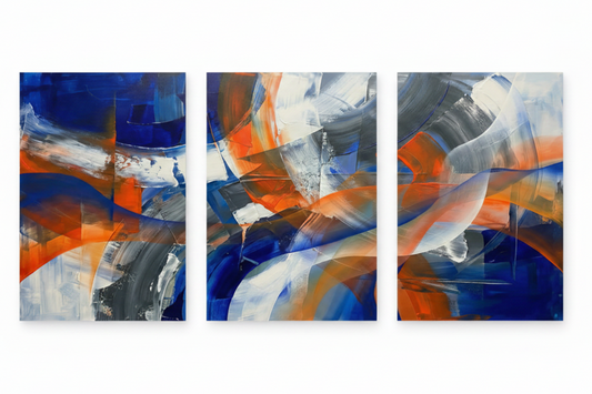 Blue orange abstract brushstroke triptych canvas wall art flat lay on white background showing three portrait panels in cobalt blue orange and white - Portugal Canvas Co