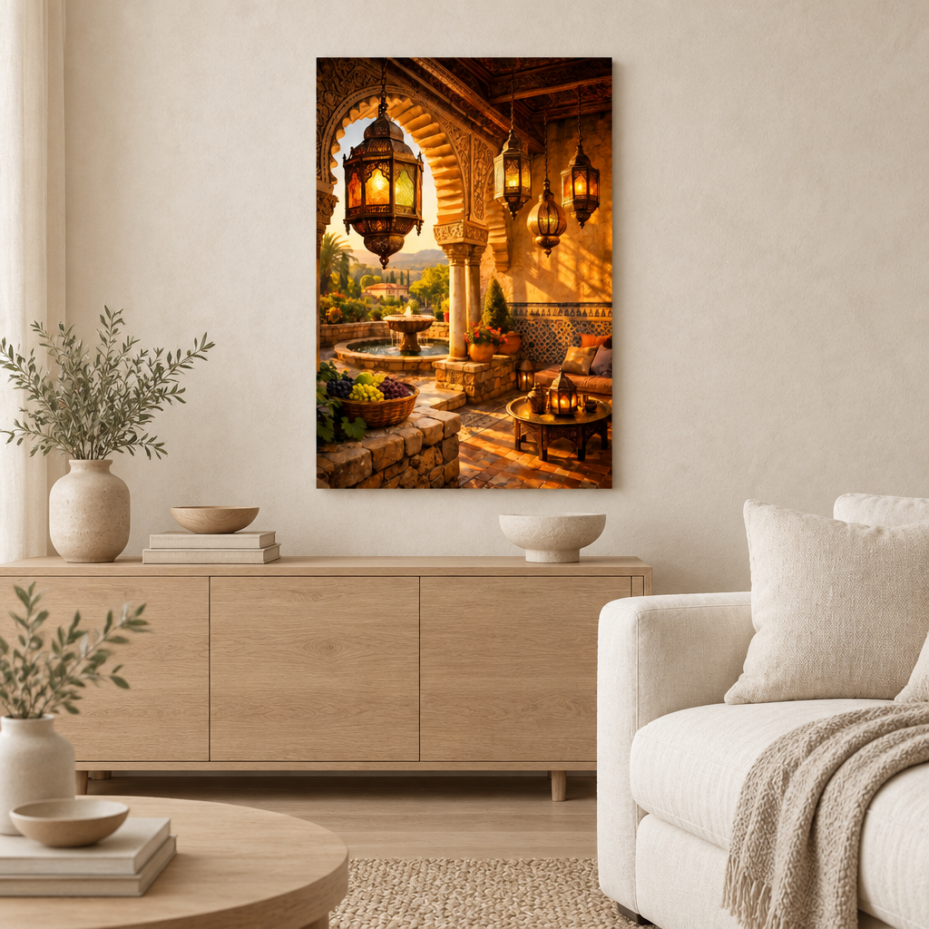 Ornate archway and glowing lantern courtyard canvas wall art in a neutral cream and oak living room - Portugal Canvas Co