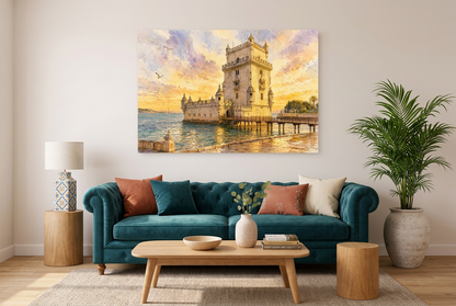 Belém Tower sunset canvas print in a colourful living room with teal sofa - Portugal Canvas Co