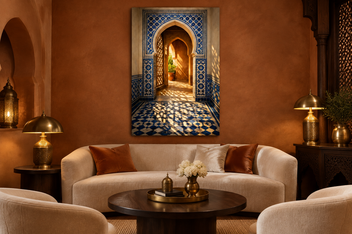 Moroccan archway with blue tile shadows canvas displayed in a terracotta boutique hotel lounge - Portugal Canvas Co