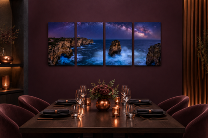 Four-panel Algarve coast at night canvas in a plum and copper private dining room - Portugal Canvas Co