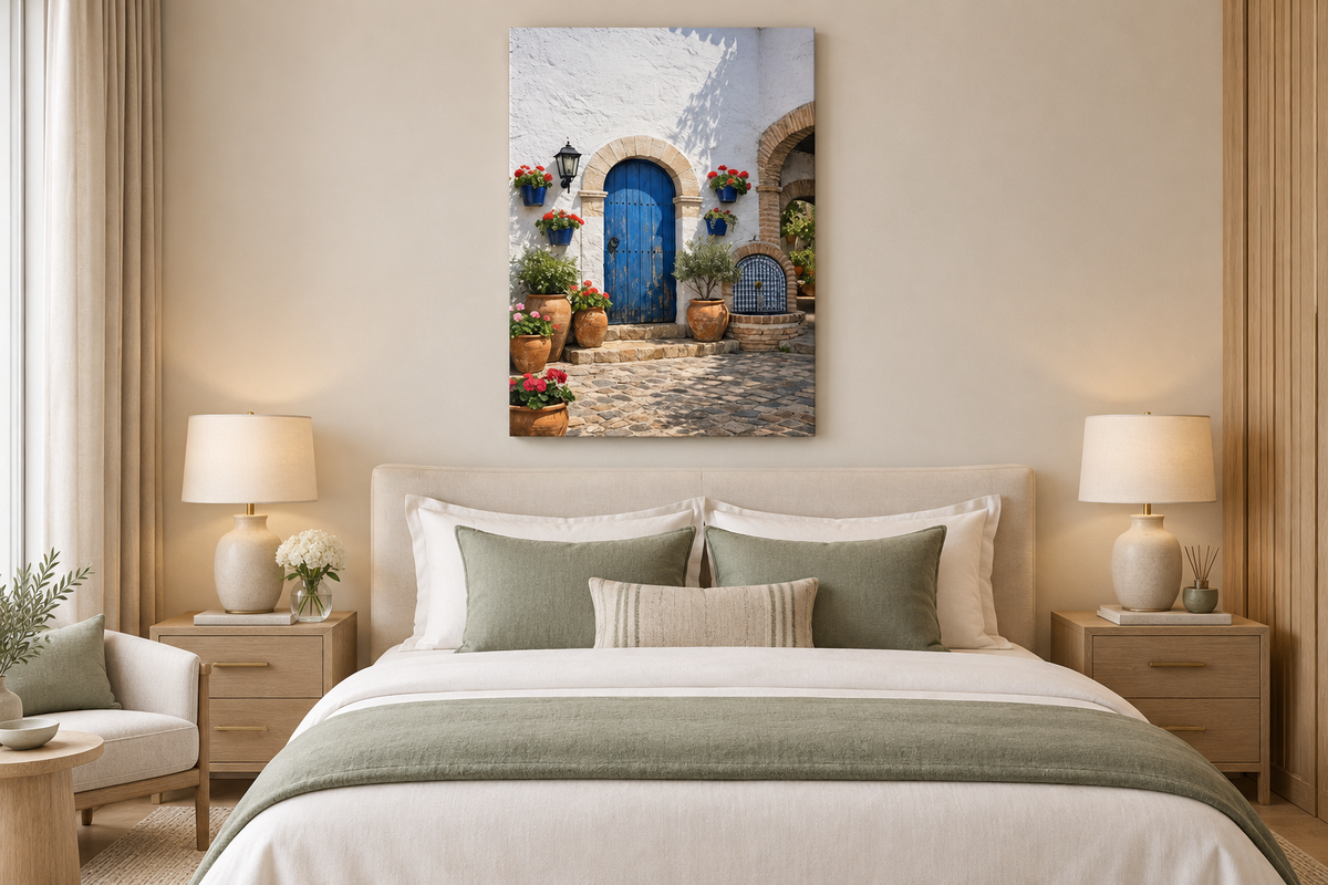 Blue door courtyard portrait canvas above ivory bedding in a five-star hotel bedroom - Portugal Canvas Co
