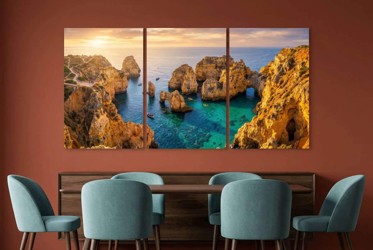 Three-panel coastal sunset canvas with golden cliffs and turquoise sea in a terracotta dining room - Portugal Canvas Co