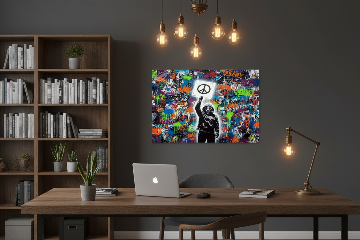 Peace symbol graffiti canvas print displayed in a stylish home office with dark desk and Edison bulb lighting - Portugal Canvas Co