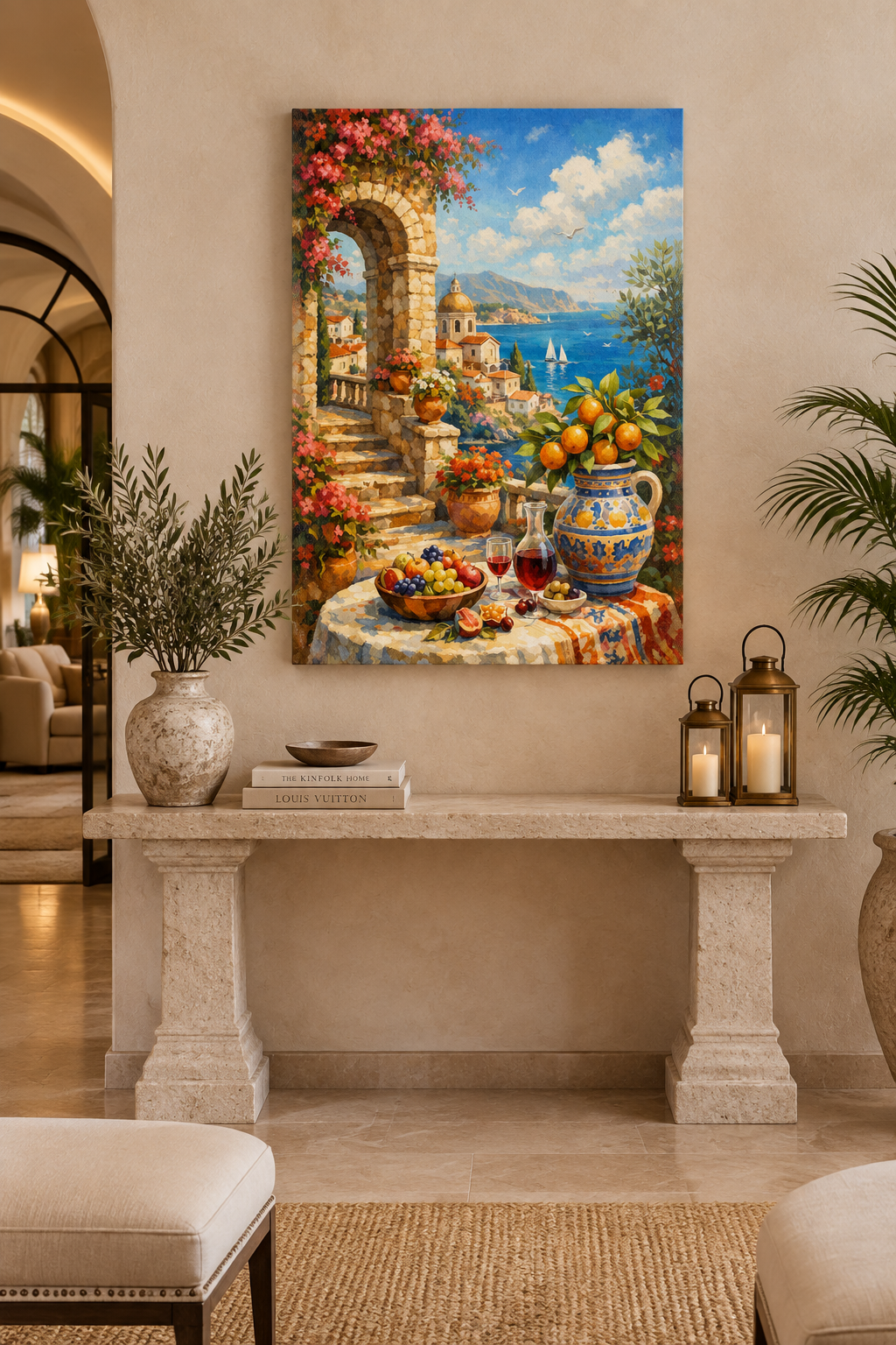 Mediterranean coastal archway canvas with bougainvillea and sea view in a boutique hotel lobby - Portugal Canvas Co