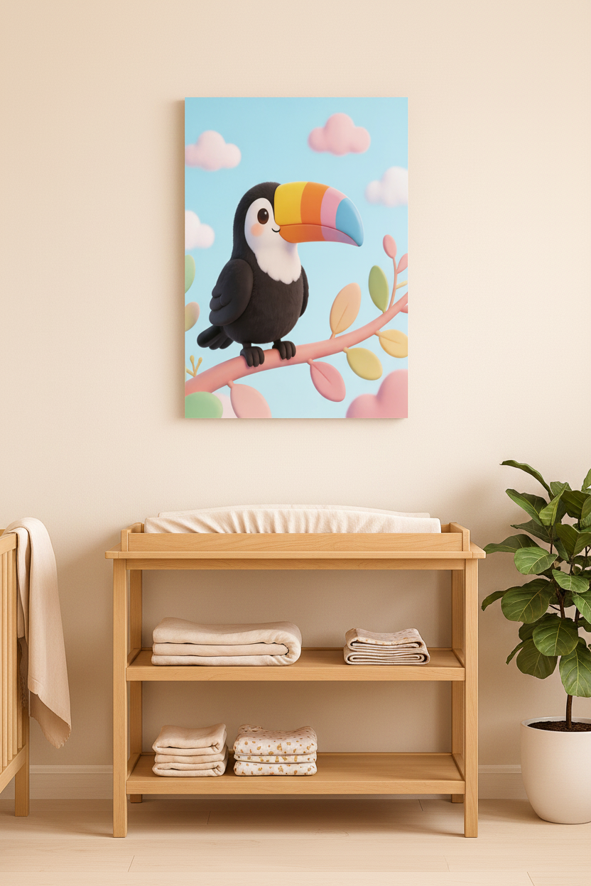 Cute toucan nursery canvas wall art on a pastel yellow nursery wall above a changing table - Portugal Canvas Co