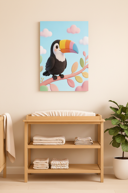 Cute toucan nursery canvas wall art on a pastel yellow nursery wall above a changing table - Portugal Canvas Co