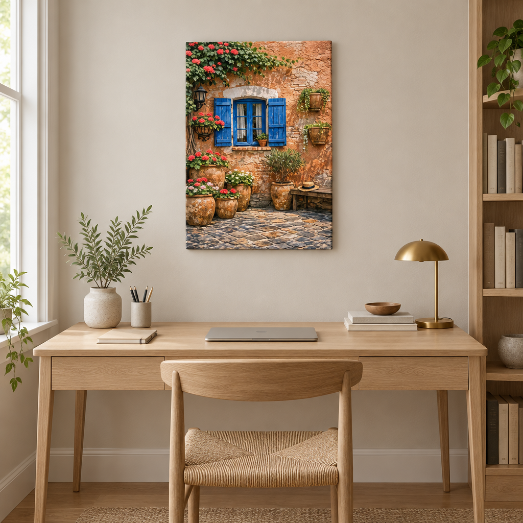 Portrait canvas of a terracotta courtyard with blue shutters and red flowers above a light-oak desk in a home office - Portugal Canvas Co