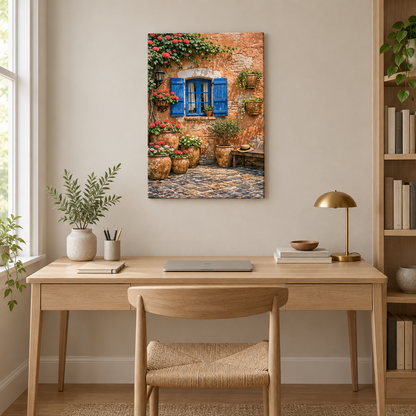 Portrait canvas of a terracotta courtyard with blue shutters and red flowers above a light-oak desk in a home office - Portugal Canvas Co