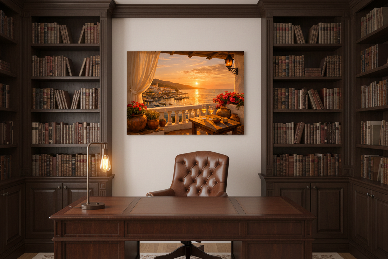 Mediterranean harbour sunset balcony view canvas wall art displayed in an elegant home study with dark wood bookshelves and warm lighting - Portugal Canvas Co