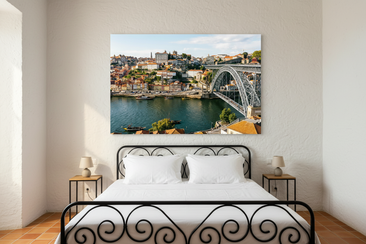 Porto Dom Luís I Bridge canvas wall art displayed in a boutique guesthouse bedroom with wrought iron bed and terracotta tiles - Portugal Canvas Co