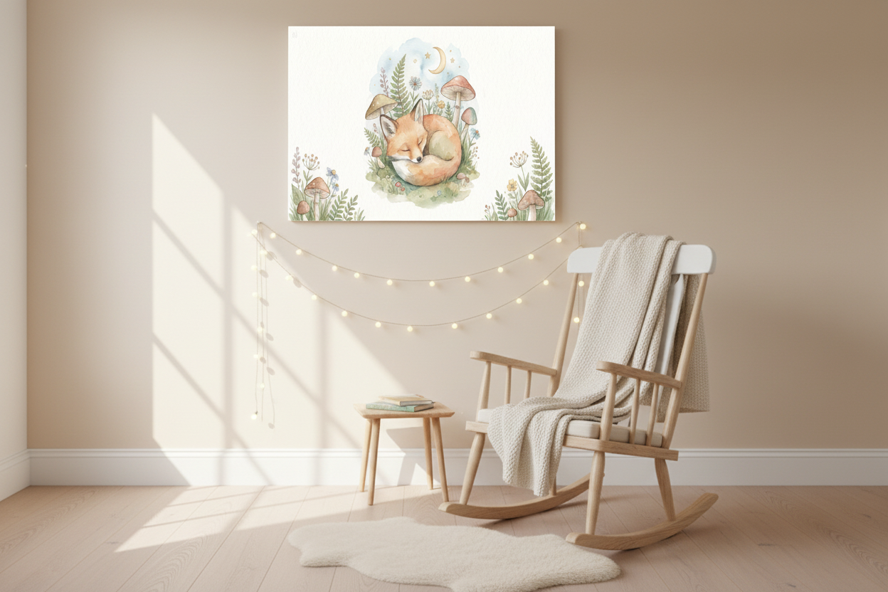 Sleeping baby fox nursery canvas wall art above a rocking chair in a cozy nursery reading nook - Portugal Canvas Co