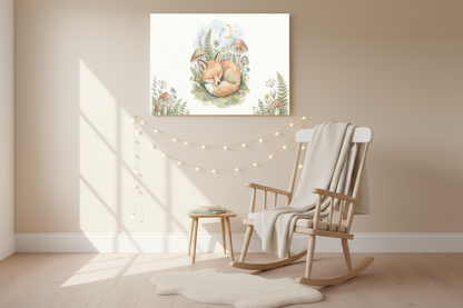 Sleeping baby fox nursery canvas wall art above a rocking chair in a cozy nursery reading nook - Portugal Canvas Co