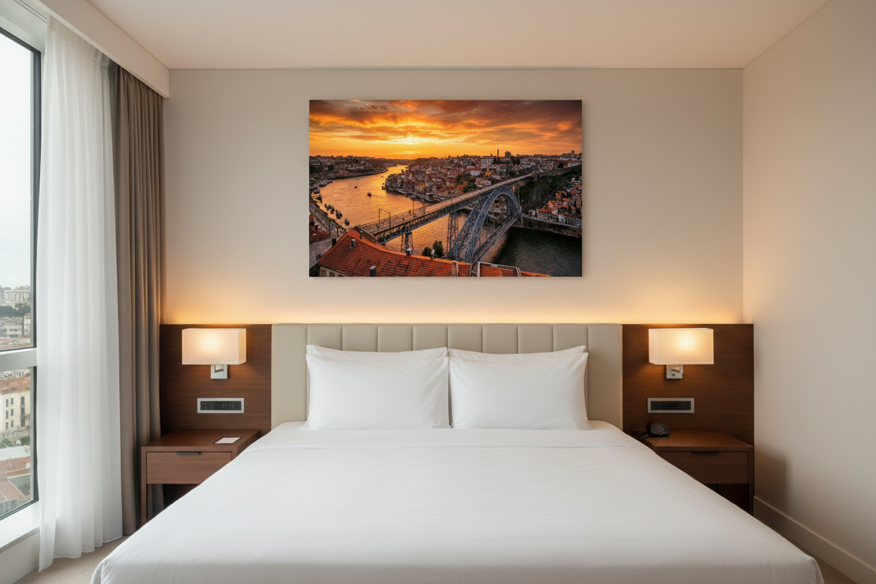 Porto cityscape Dom Luis I bridge sunset canvas wall art displayed above a luxury hotel bed - Portugal Canvas Co
