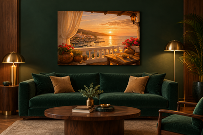 Mediterranean harbour sunset balcony canvas above an emerald velvet sofa in a walnut and brass luxury lounge - Portugal Canvas Co