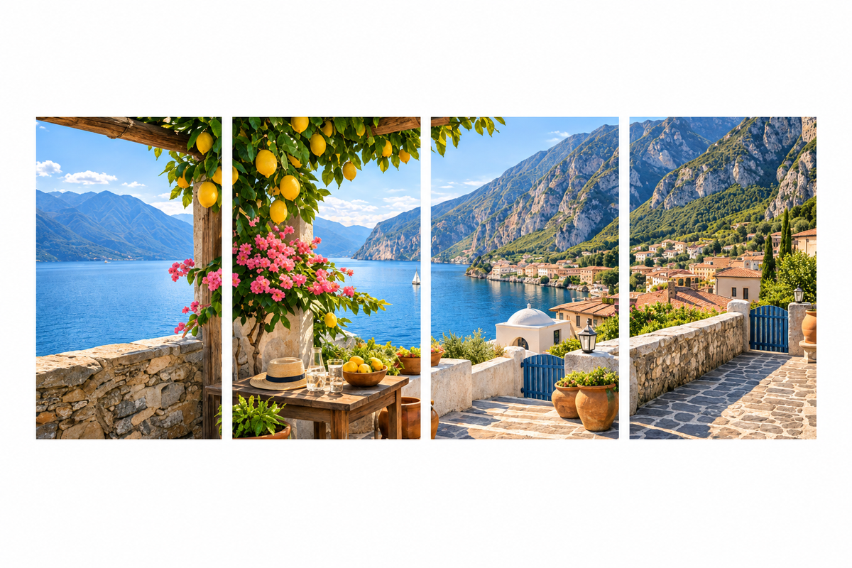 Mediterranean terrace four-panel canvas artwork with lemons, pink flowers, blue water and mountains on a white background - Portugal Canvas Co