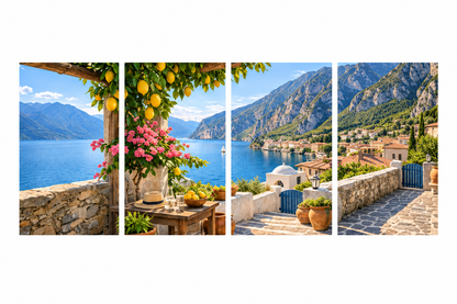 Mediterranean terrace four-panel canvas artwork with lemons, pink flowers, blue water and mountains on a white background - Portugal Canvas Co