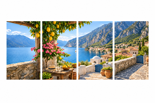 Mediterranean terrace four-panel canvas artwork with lemons, pink flowers, blue water and mountains on a white background - Portugal Canvas Co