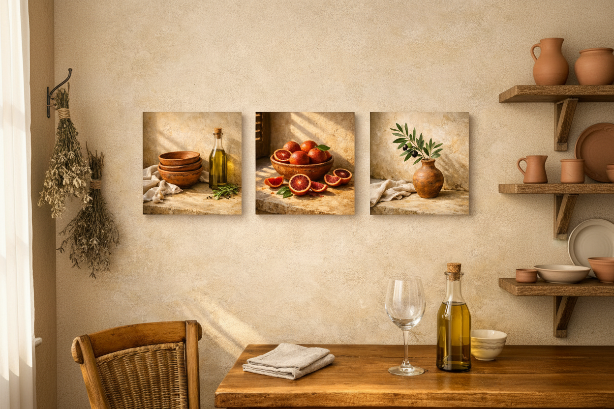 Mediterranean Kitchen Trio triptych on terracotta wall in a rustic farmhouse kitchen with pottery shelves and herbs - Portugal Canvas Co